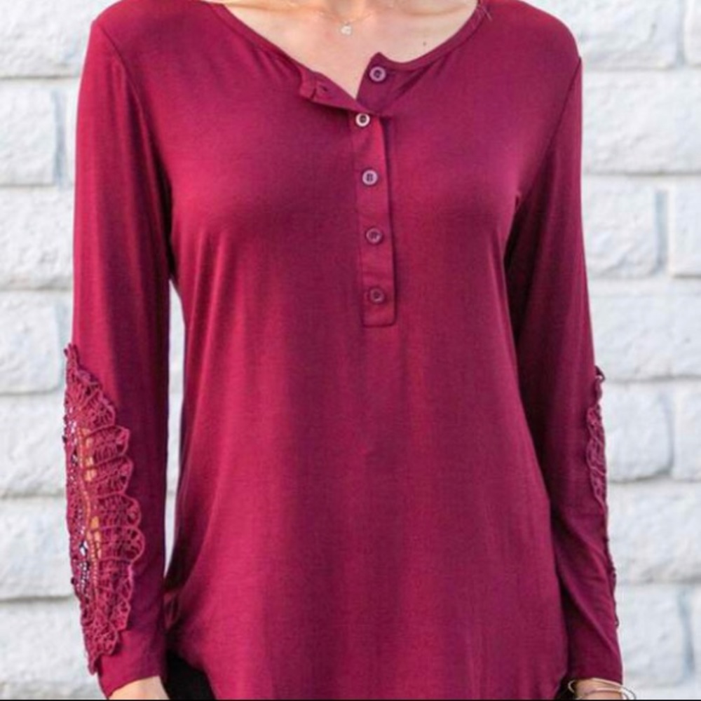 Modal Henley Top with Crochet Sleeve Detail